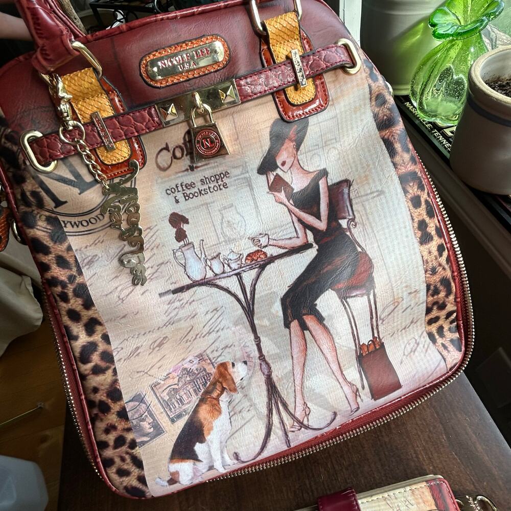 Nicole Lee Red Leopard Café Illustration Crossbody with Matching Wallet - Picture 3 of 16